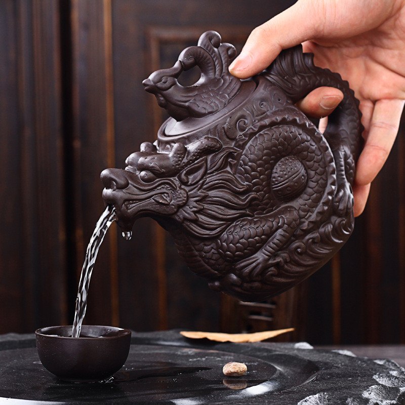 CJ255 Ceramic teapot,Traditional Chinese Tea pot Dragon and Phoenix Tea kettle Premium tea infuser purple clay tea set