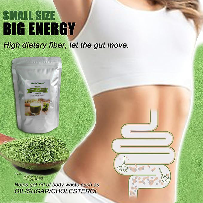 HelloYoung Organic Barley Grass Powder original 250g moistening intestines, RAW, Pure, Kosher, Vegan, Bulk. Good Source of Fiber, Protein