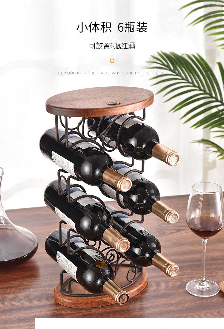 G- style Wooden Stable Wine rack oval wooden bottom iron art six bottle wine rack dining table wine cabinet decoration