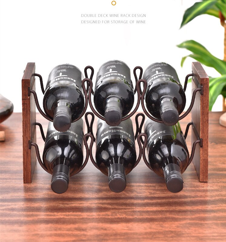 Solid Wood Double Layer Red Wine Rack Wrought Iron Restaurant Decoration Wine Frame Stacking Wine Bar Bottle Storage Rack