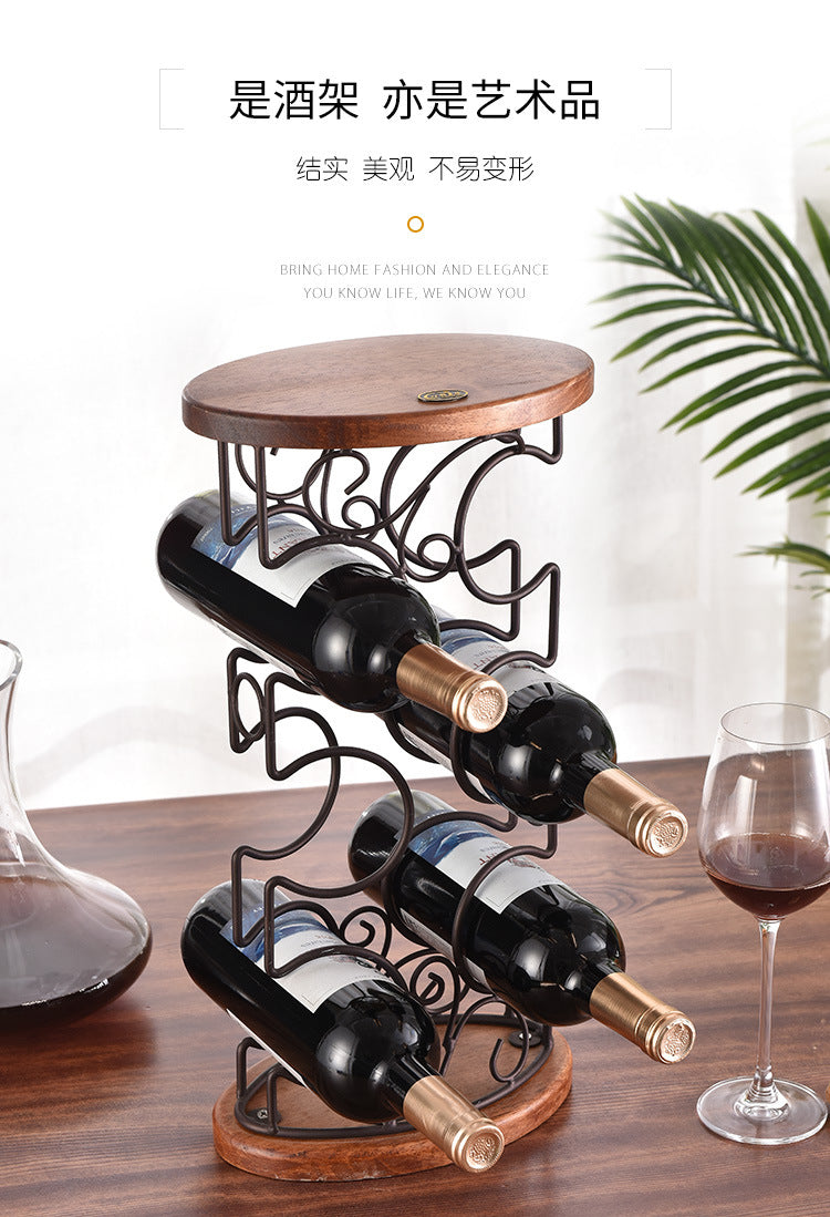 G- style Wooden Stable Wine rack oval wooden bottom iron art six bottle wine rack dining table wine cabinet decoration