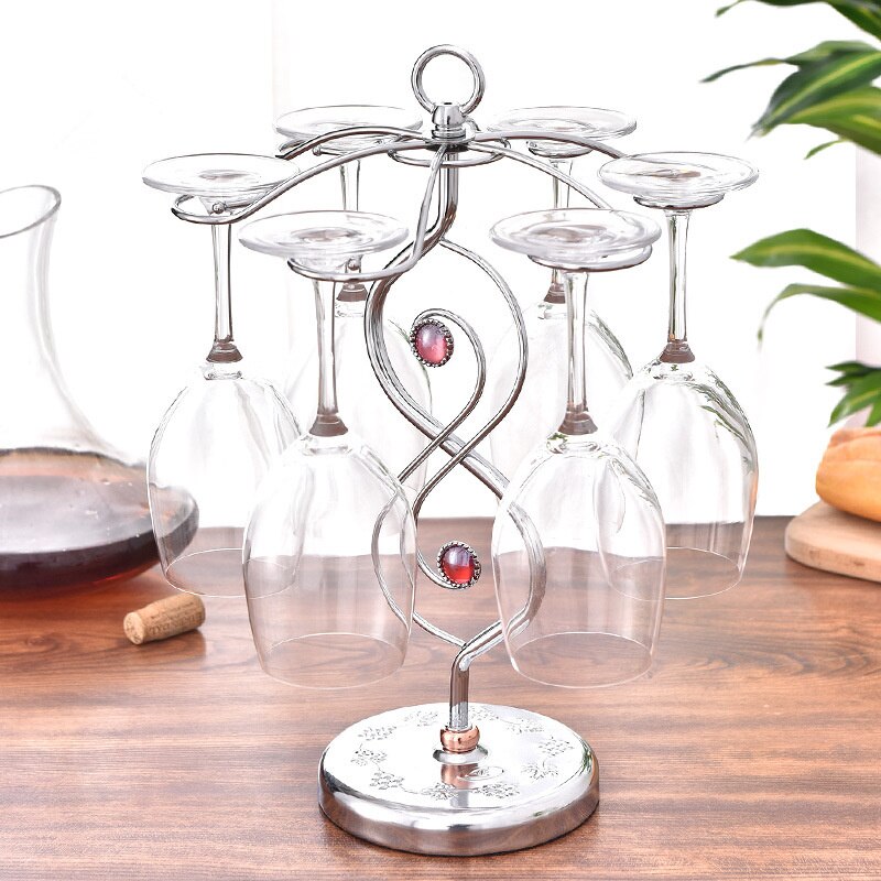 Nordic Style Goblet Holder Wine Cup Rack Red Wine Glass Cup Standing with 6 Hooks Stainless Steel Hanging Drinking Glasses Rack