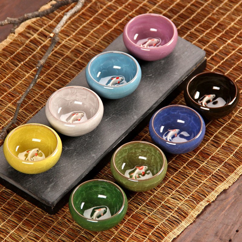 CJ272 Colorful Ice-Crackle Porcelain 8 Colors Tea Cup With Fish Pattern Ceramic Ceramic Kung fu Tea Set China porcelana tea se