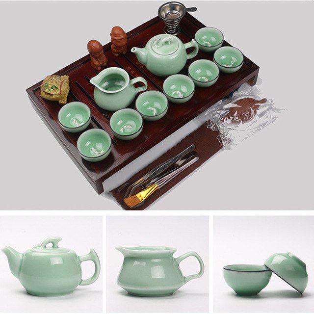CJ281 Chinese Kung Fu Tea Set Drinkware Purple Clay ceramic include Tea Pot Cup,Tureen Infuser Natural wood Tea Tray Chahai