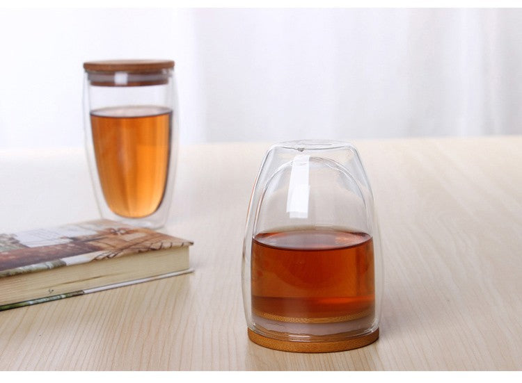Double Glass Cup Coffee Mugs Tea Cup Transparent Heat-resistant Glass Cups With Bamboo Insulation Cup Lid Creative Wholesale