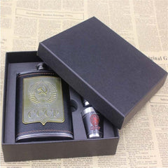 8oz Luxury Stainless Steel Hip Flasks Set Faux Leather Chip Flagon Whiskey Wine Bottle cccp Engraving Alcohol Pocket Flagon Gift