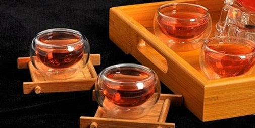 CJ266 Best Heat 6 Pieces/lot double wall glass tea cup double Teapot Coffee Tea Set Puer Kettle With Filter Durable Tea Set