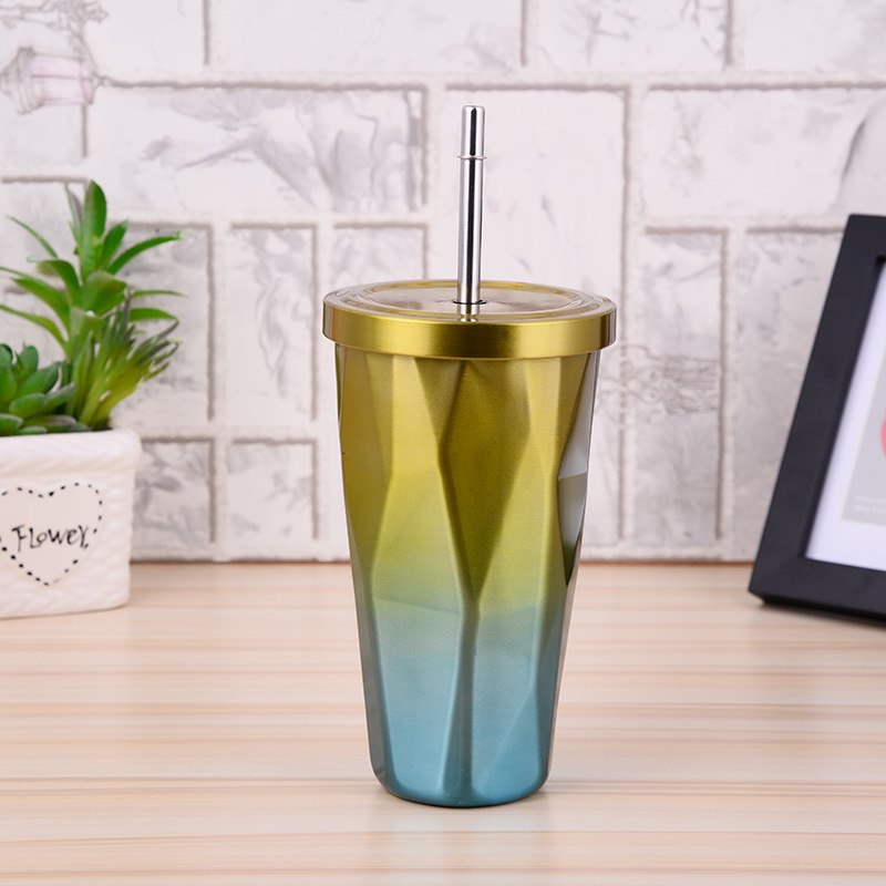 Coffee Mug With Straws Cup 500ml Creative Double Wall Stainless Steel Gradient Diamond Shaped Vacuum Insulation Bottle Tour