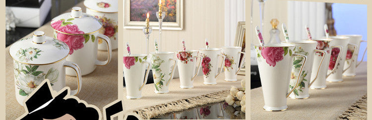 Pastoral Flower Bird Bone China Tea Cup Saucer Spoon Set 200ml British Cafe Porcelain Coffee Cup Advanced Ceramic Teacup