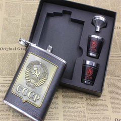 8oz Luxury Stainless Steel Hip Flasks Set Faux Leather Chip Flagon Whiskey Wine Bottle cccp Engraving Alcohol Pocket Flagon Gift