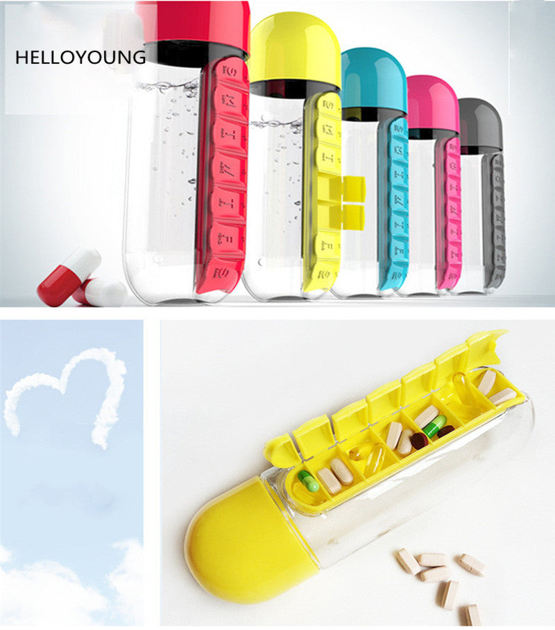 HELLOYOUNG 600ML Plastic BPA Free Water Bottle Daily Pill Box Organizer Drinking Bottles