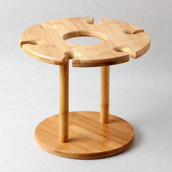 HOT-Wine Glass Holder Bamboo Tabletop Wine Glass Drying Racks Camping for 6 Glass and 1 Wine Bottle
