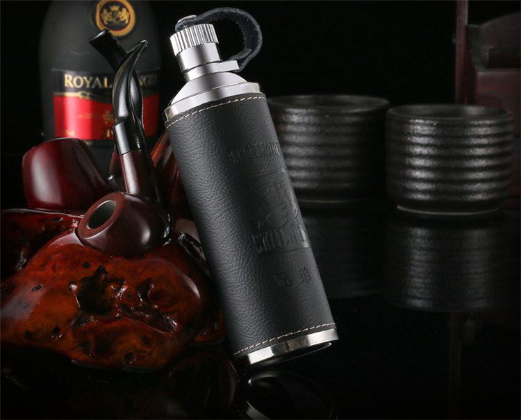 10oz Luxury Hip Flask Stainless Steel Flask Liquor Portable With Box As Gift Cylinder Design Leather Flask Whisky Bottle
