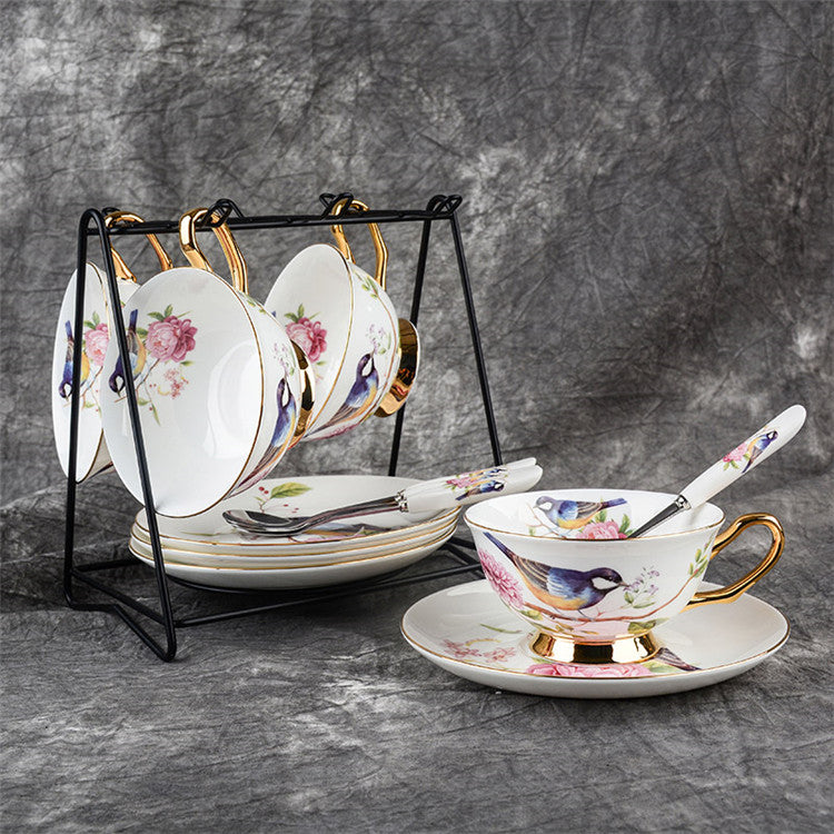 Pastoral Flower Bird Bone China Tea Cup Saucer Spoon Set 200ml British Cafe Porcelain Coffee Cup Advanced Ceramic Teacup