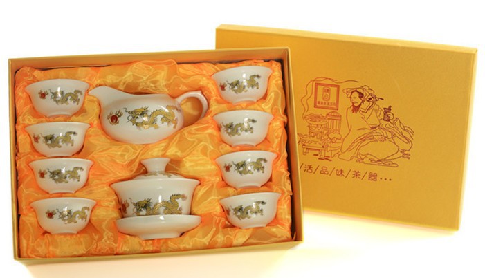 CJ242 High-grade Golden Dragon Milky White Jade Porcelain Ceramic Kung Fu Tea Set Cup Bone China Drinkware Gift Packaging