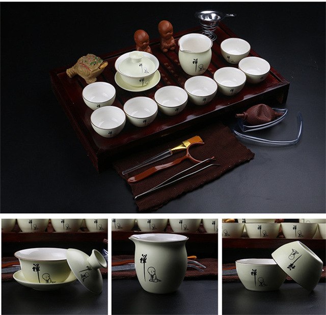 CJ281 Chinese Kung Fu Tea Set Drinkware Purple Clay ceramic include Tea Pot Cup,Tureen Infuser Natural wood Tea Tray Chahai