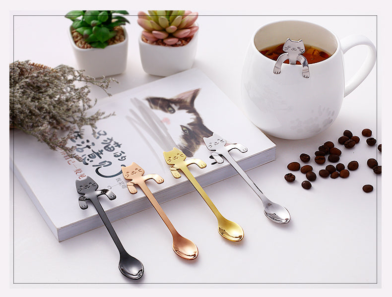 Coffee&Tea Spoon Mini Cat Long Handle Creative Spoon Drinking Tools Food grade Stainless Steel Kitchen Flatware Tableware