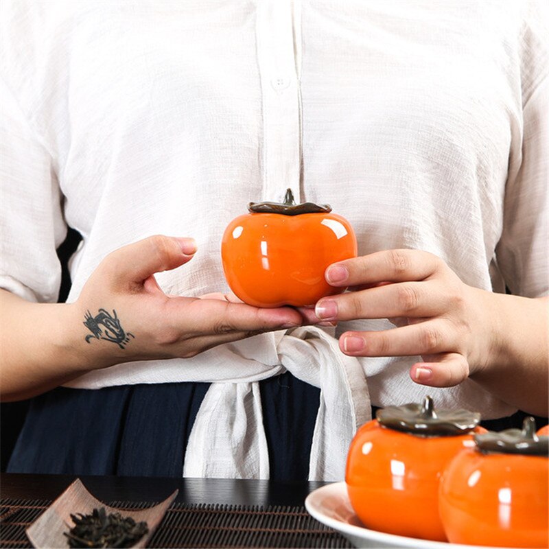 Ceramic Persimmon Tea Canister Coffee Box Puer Green Tea Caddy Storage Sealed Jar Mini tea cans for puer Oolong tea storage